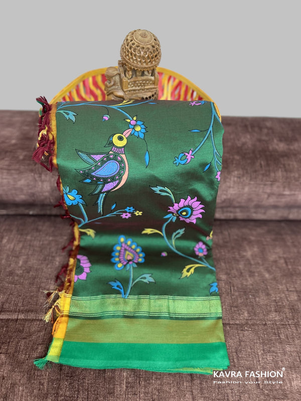 Green Kanchi Cotton Kalamkari Hand Paint Handloom Saree with Contrast Pallu and Border