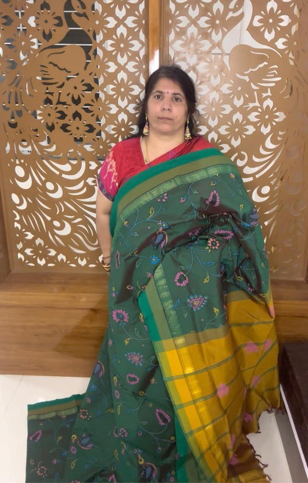 Green Semi Kanchi Cotton Kalamkari Hand Paint Handloom Saree with Contrast Pallu and Border