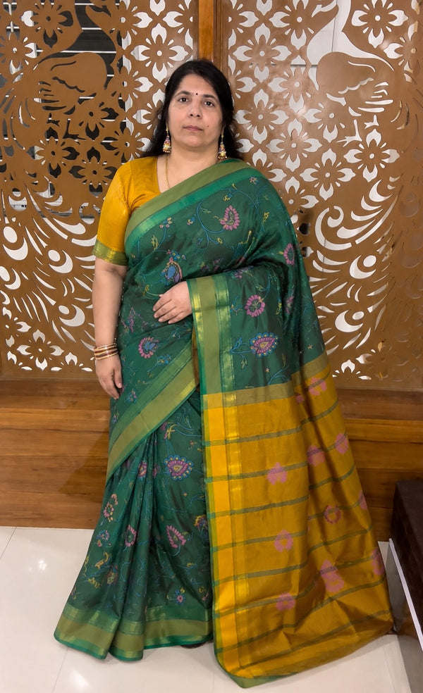 Green Semi Kanchi Cotton Kalamkari Hand Paint Handloom Saree with Contrast Pallu and Border