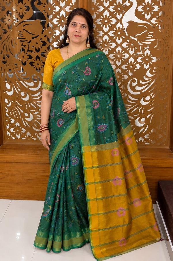 Green Semi Kanchi Cotton Kalamkari Hand Paint Handloom Saree with Contrast Pallu and Border