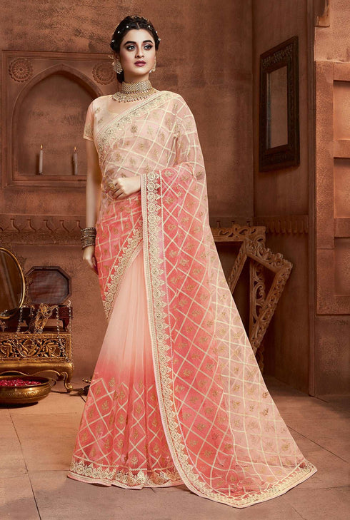 Cream and Peach Net Embroidered Wedding Saree