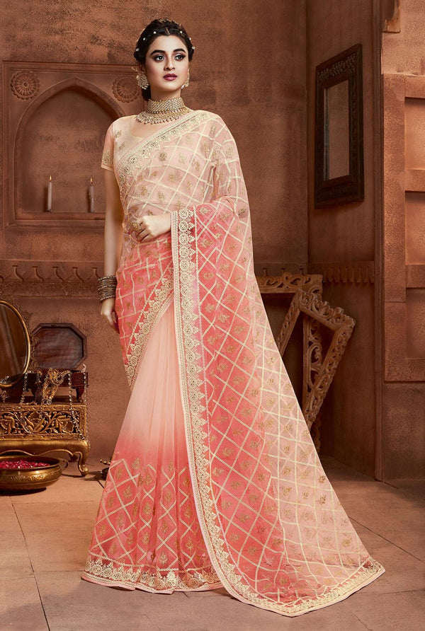 Cream and Peach Net Embroidered Wedding Saree
