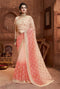 Cream and Peach Net Embroidered Wedding Saree