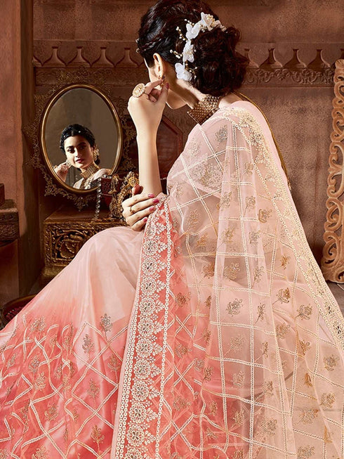 Cream and Peach Net Embroidered Wedding Saree