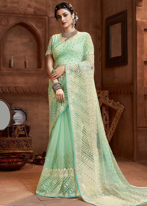 Light Green Net Embroidered Wedding Saree