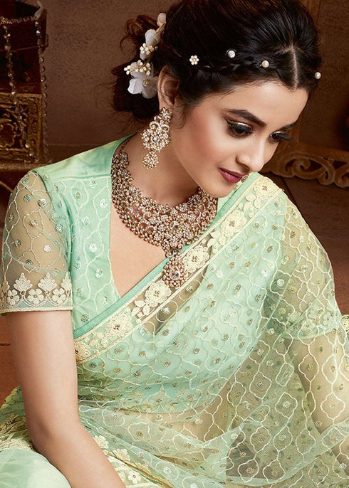 Light Green Net Embroidered Wedding Saree