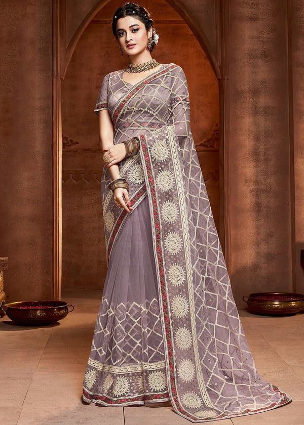Purple Net Embroidered Wedding Saree