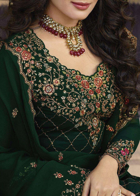 Krithika Kamra Bottle Green Satin Georgette Embroidery Designer Salwar Suit