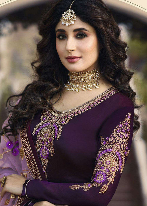 Krithika Kamra Purple Satin Georgette Embroidery Designer Salwar Suit