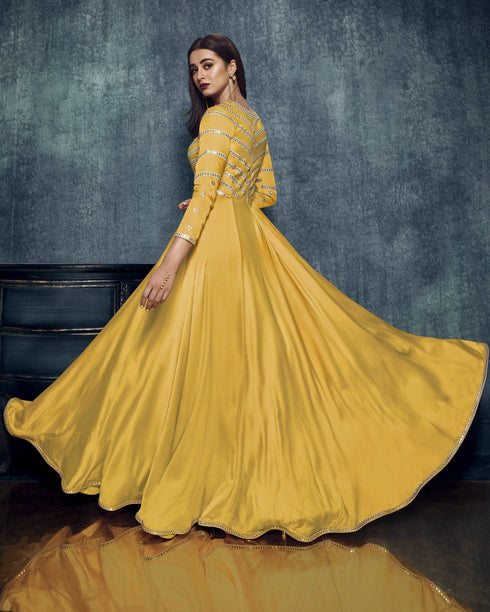 Yellow Modal Satin Gown with Dupatta with Zari Work