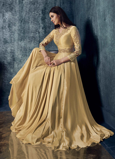 Beige Modal Satin Gown with Dupatta with Zari Work