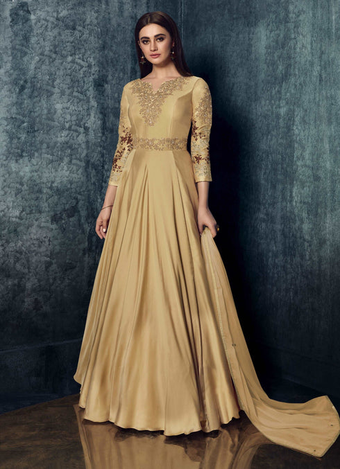 Beige Modal Satin Gown with Dupatta with Zari Work
