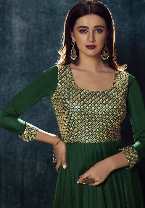 Dark Green Modal Satin Gown with Dupatta with Zari Work