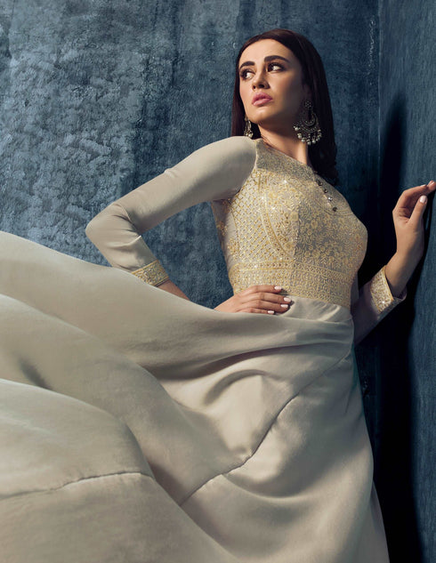 Grey Modal Satin Gown with Dupatta with Zari Work