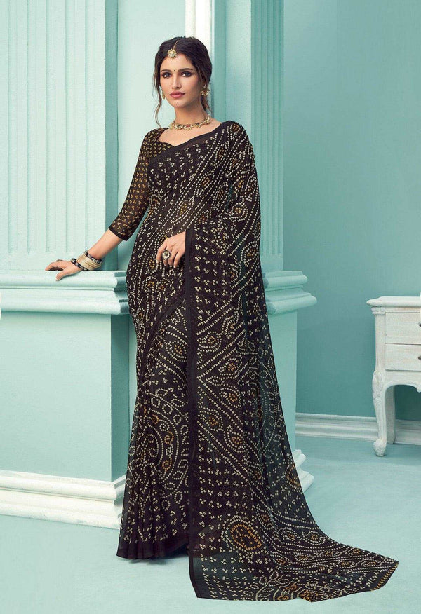 Black Bandhani Print Chiffon Saree with matching Blouse