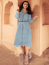 Readymade Blue 100% Denim Knee Length Front Open Flared Kurti