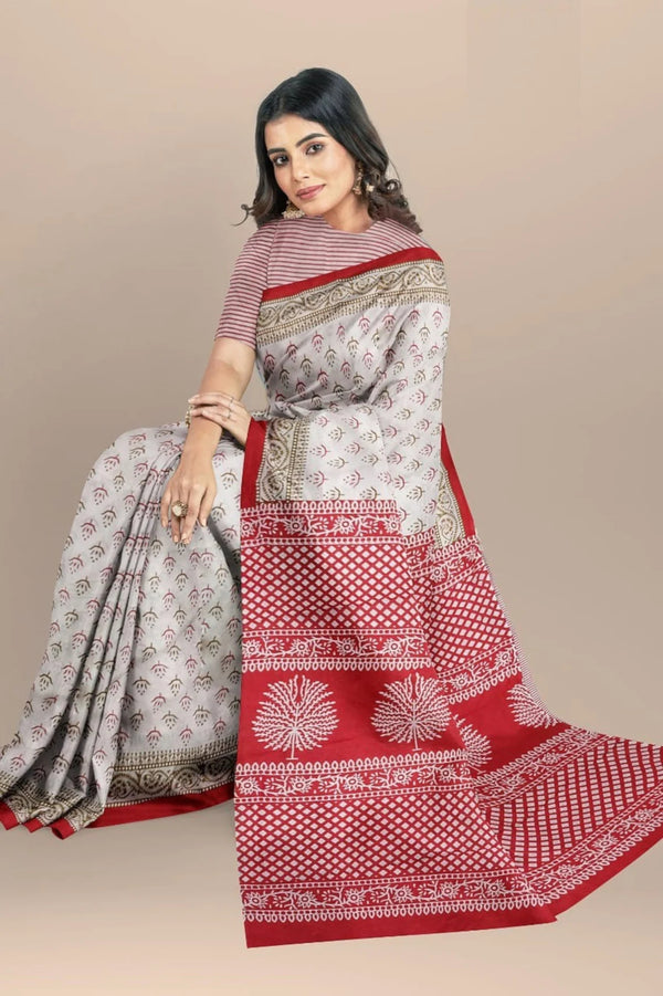 Cream Hand Block Printed Mulmul Saree Red Border