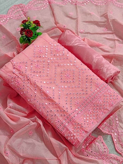 Light Pink Chanderi Silk Salwar Suit with Foil Mirror Work