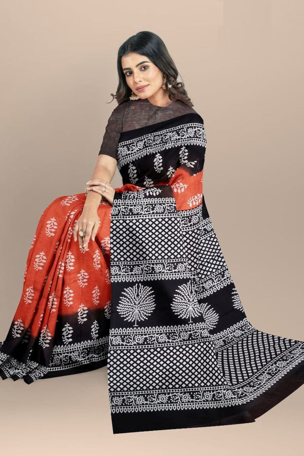 Red Hand Block Printed Mulmul Saree Black Border