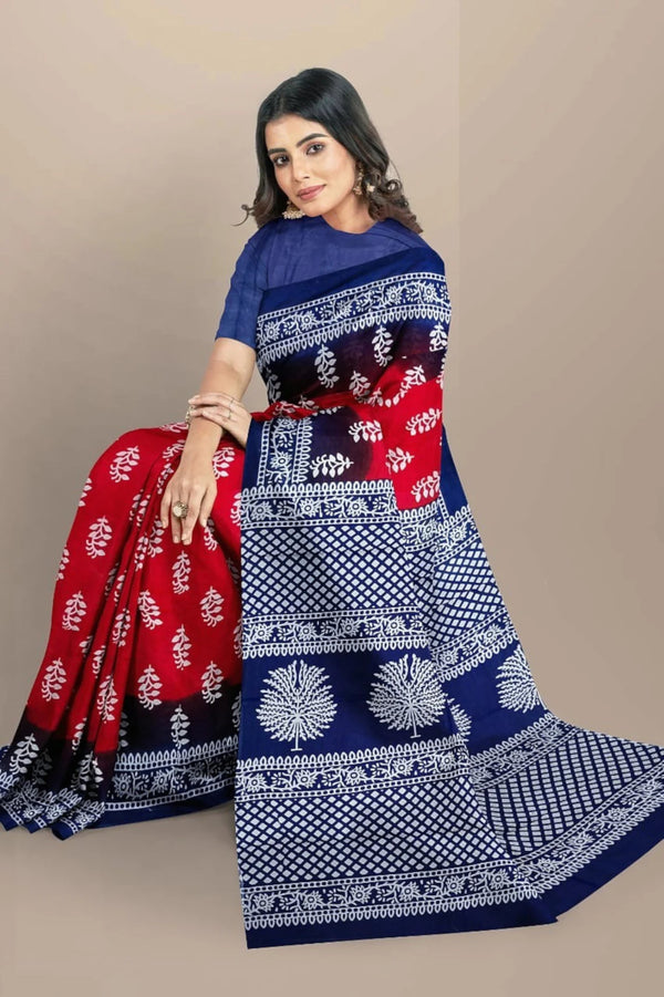 Maroon Red Hand Block Printed Mulmul Saree Blue Border