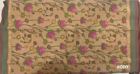 Beige Semi Kanchi Cotton Kalamkari Hand Paint Handloom Saree with Contrast Pallu and Border