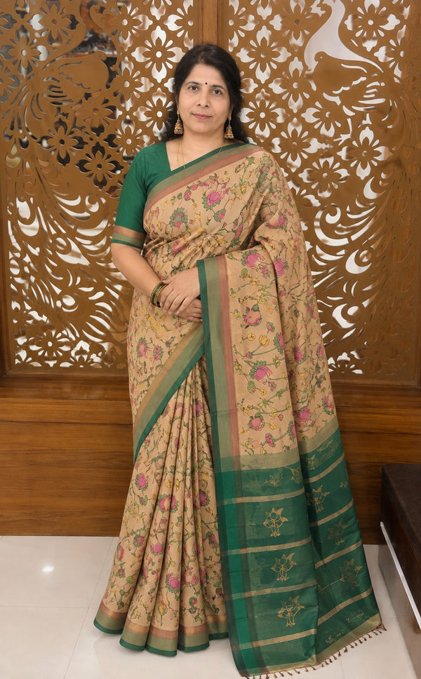 Beige Semi Kanchi Cotton Kalamkari Hand Paint Handloom Saree with Contrast Pallu and Border