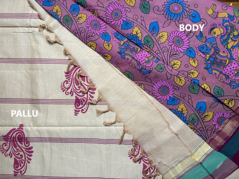 Baked Pink Semi Kanchi Cotton Kalamkari Hand Paint Handloom Saree with Contrast Pallu and Border