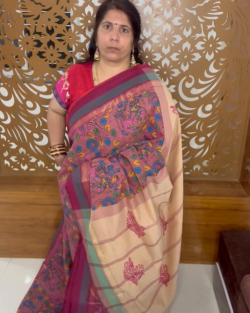 Baked Pink Semi Kanchi Cotton Kalamkari Hand Paint Handloom Saree with Contrast Pallu and Border