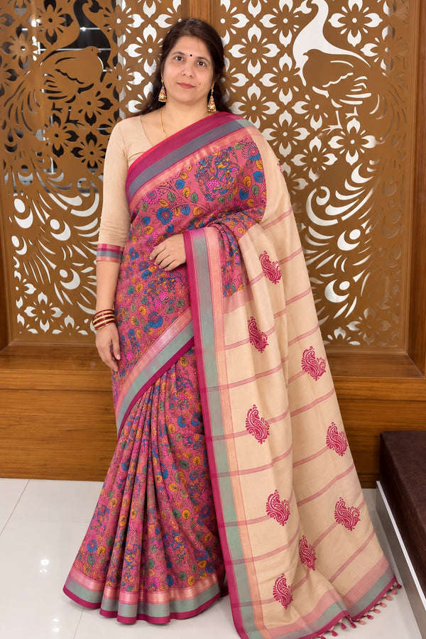 Baked Pink Semi Kanchi Cotton Kalamkari Hand Paint Handloom Saree with Contrast Pallu and Border