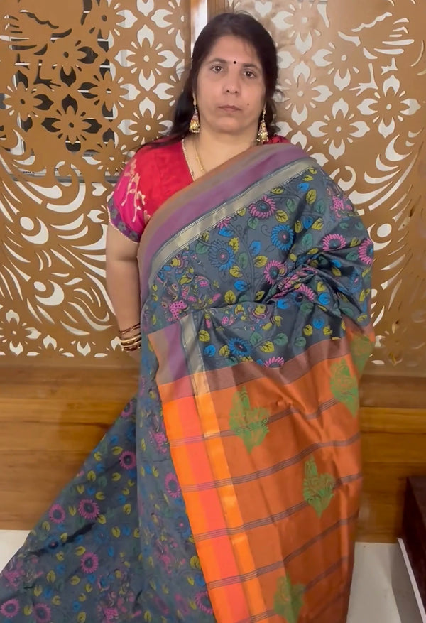 Dark Grey Semi Kanchi Cotton Kalamkari Hand Paint Handloom Saree with Contrast Pallu and Border