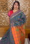 Dark Grey Semi Kanchi Cotton Kalamkari Hand Paint Handloom Saree with Contrast Pallu and Border