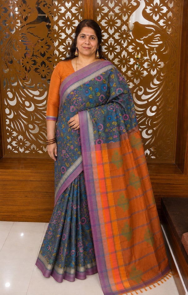 Dark Grey Semi Kanchi Cotton Kalamkari Hand Paint Handloom Saree with Contrast Pallu and Border