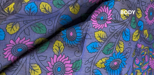 Wine Semi Kanchi Cotton Kalamkari Hand Paint Handloom Saree with Contrast Pallu and Border