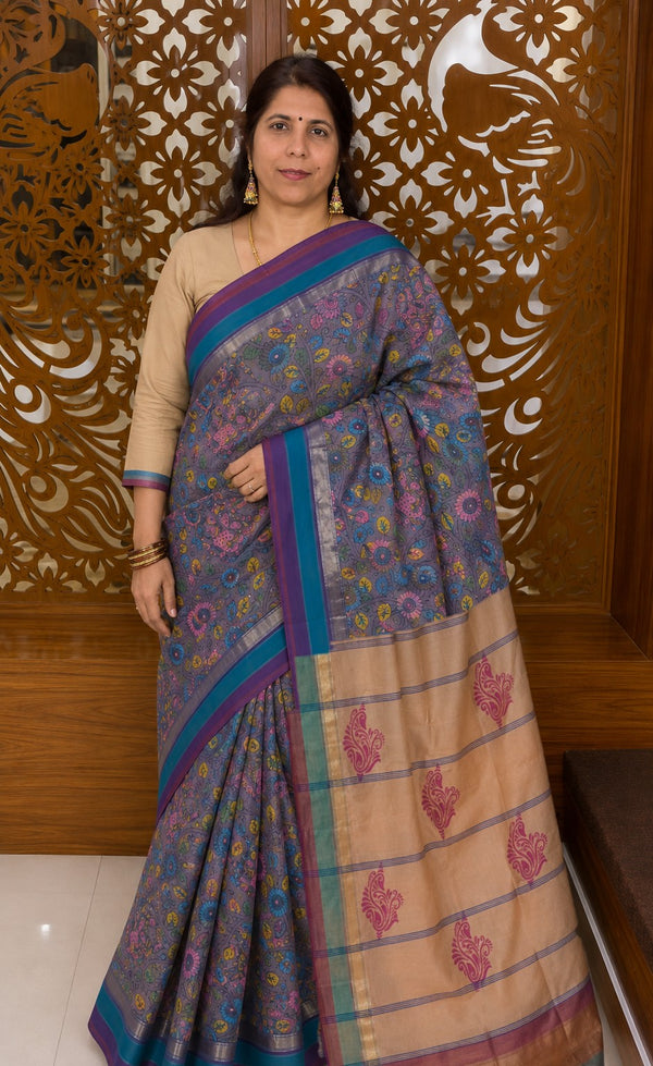 Wine Semi Kanchi Cotton Kalamkari Hand Paint Handloom Saree with Contrast Pallu and Border
