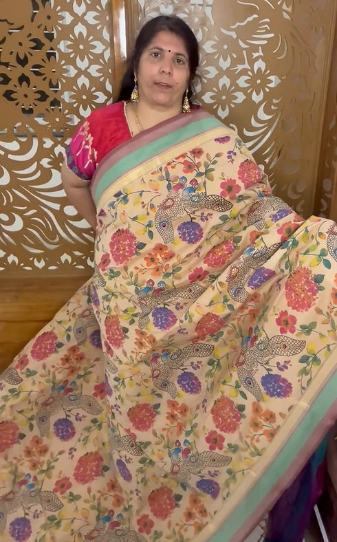 Beige Semi Kanchi Cotton Kalamkari Hand Paint Handloom Saree with Contrast Pallu and Border