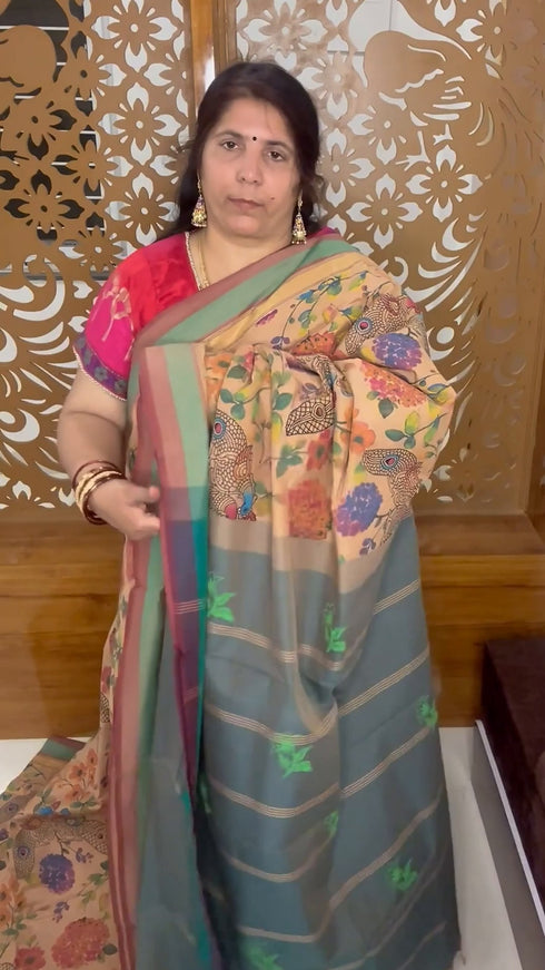 Beige Semi Kanchi Cotton Kalamkari Hand Paint Handloom Saree with Contrast Pallu and Border