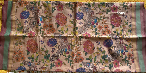 Beige Semi Kanchi Cotton Kalamkari Hand Paint Handloom Saree with Contrast Pallu and Border