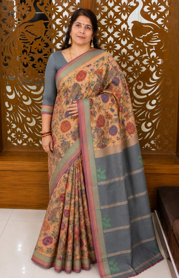 Beige Semi Kanchi Cotton Kalamkari Hand Paint Handloom Saree with Contrast Pallu and Border