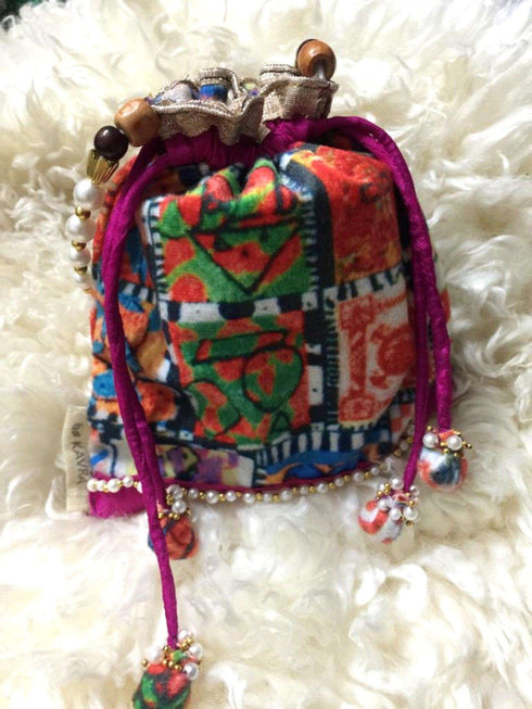 Kavra Handmade Velvet Printed Gota Patti and Beaded Pearls Potli Bag