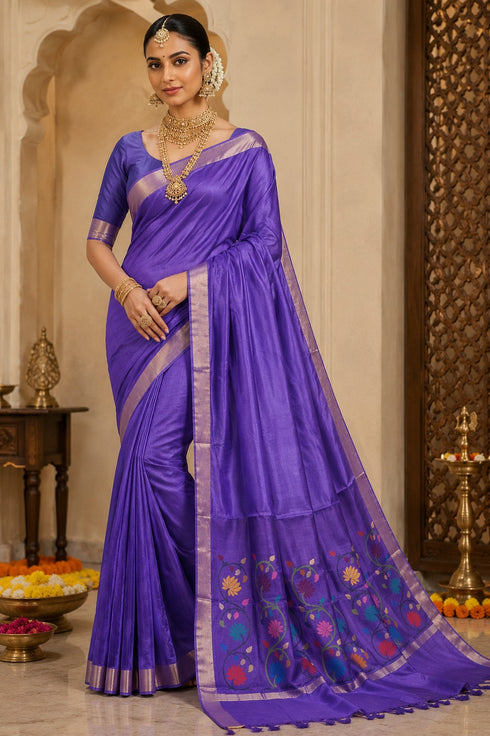 Purple Pure Kosa Silk Handloom Saree with Golden Zari Border and Hand Woven Pallu with Floral Motifs