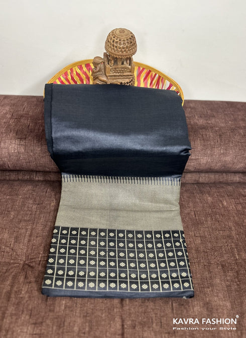 Blackish Blue Pure Kosa Silk Saree with checks Zari Border