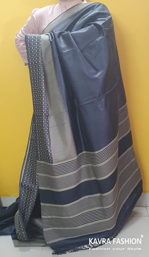 Blackish Blue Pure Kosa Silk Saree with checks Zari Border