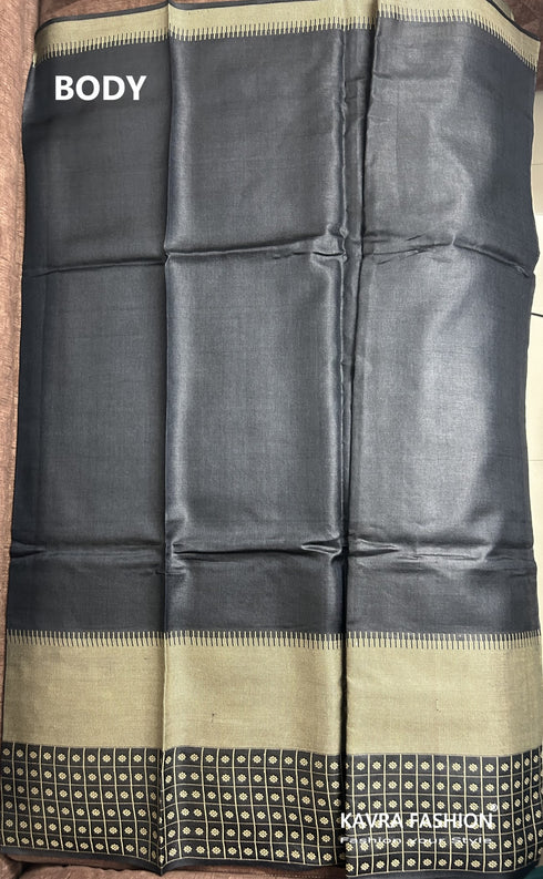 Blackish Blue Pure Kosa Silk Saree with checks Zari Border