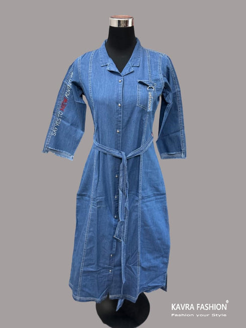 Readymade Blue 100% Denim Front Open Kurti with Denim Belt