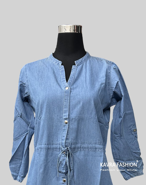 Readymade Blue 100% Denim Knee Length Front Open Flared Kurti
