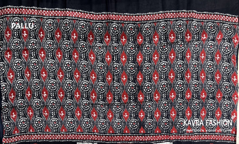 Black Hand Printed Mulmul Saree Black Red White Border