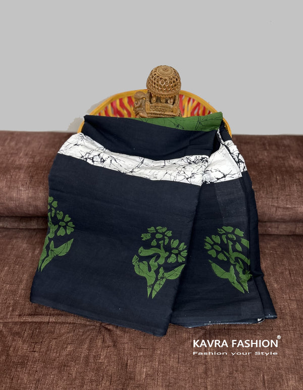 Black Hand Printed Mulmul Saree Black Green White Border