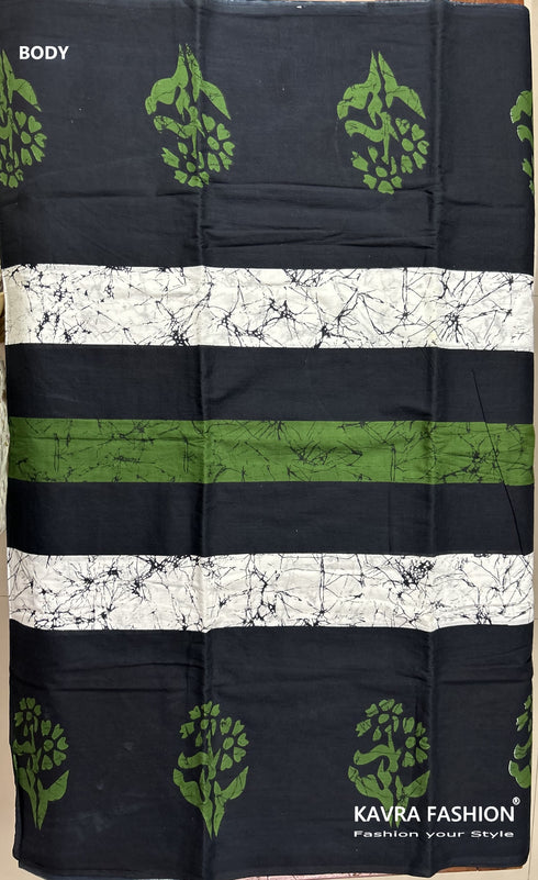 Black Hand Printed Mulmul Saree Black Green White Border