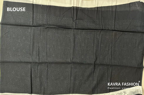 Black Hand Printed Mulmul Saree Black Green White Border