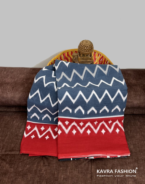 Grey Hand Printed Mulmul Saree with Red Border